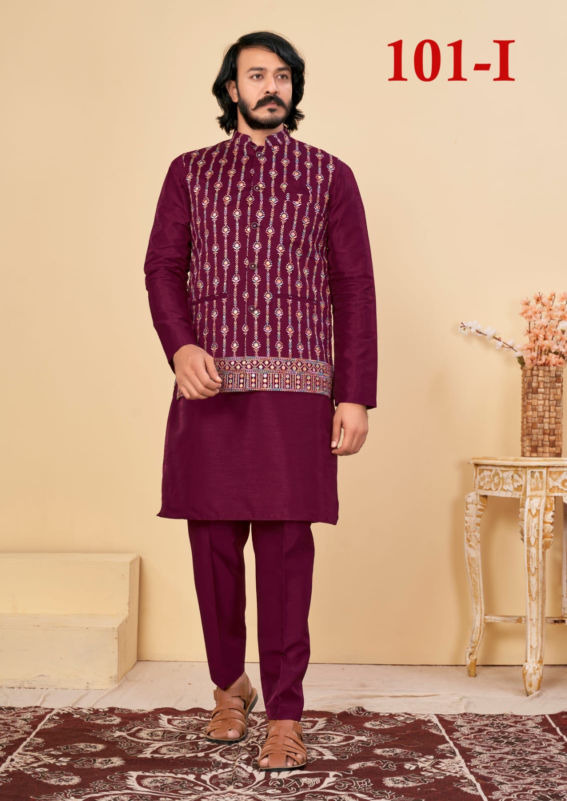 Beautiful Men's Designer Silk Kurta Payjama With Koti Jacket