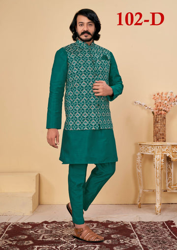 Beautiful Men's Designer Silk Kurta Payjama With Koti Jacket