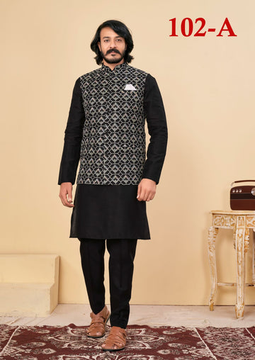 Beautiful Men's Designer Silk Kurta Payjama With Koti Jacket