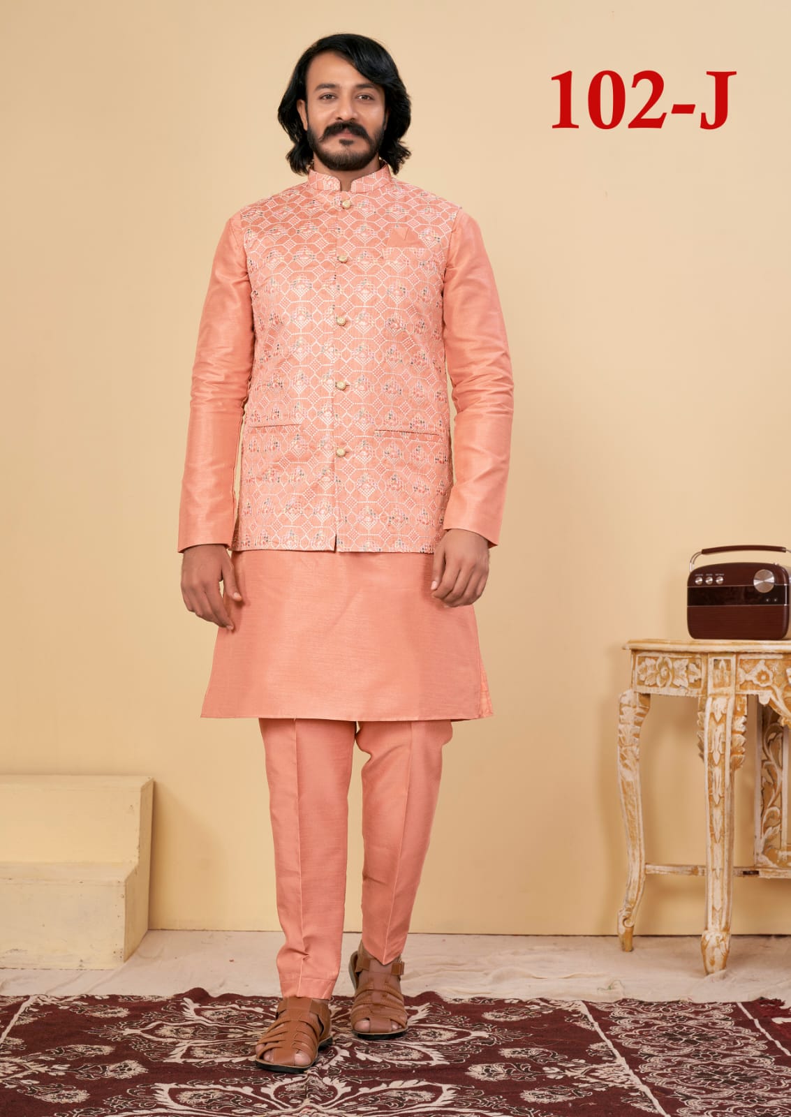 Beautiful Men's Designer Silk Kurta Payjama With Koti Jacket