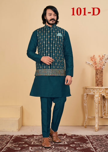 Beautiful Men's Designer Silk Kurta Payjama With Koti Jacket