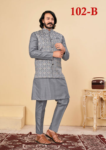 Beautiful Men's Designer Silk Kurta Payjama With Koti Jacket