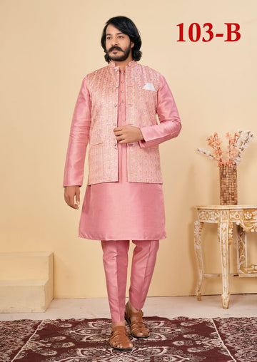 Beautiful Men's Designer Silk Kurta Payjama With Koti Jacket