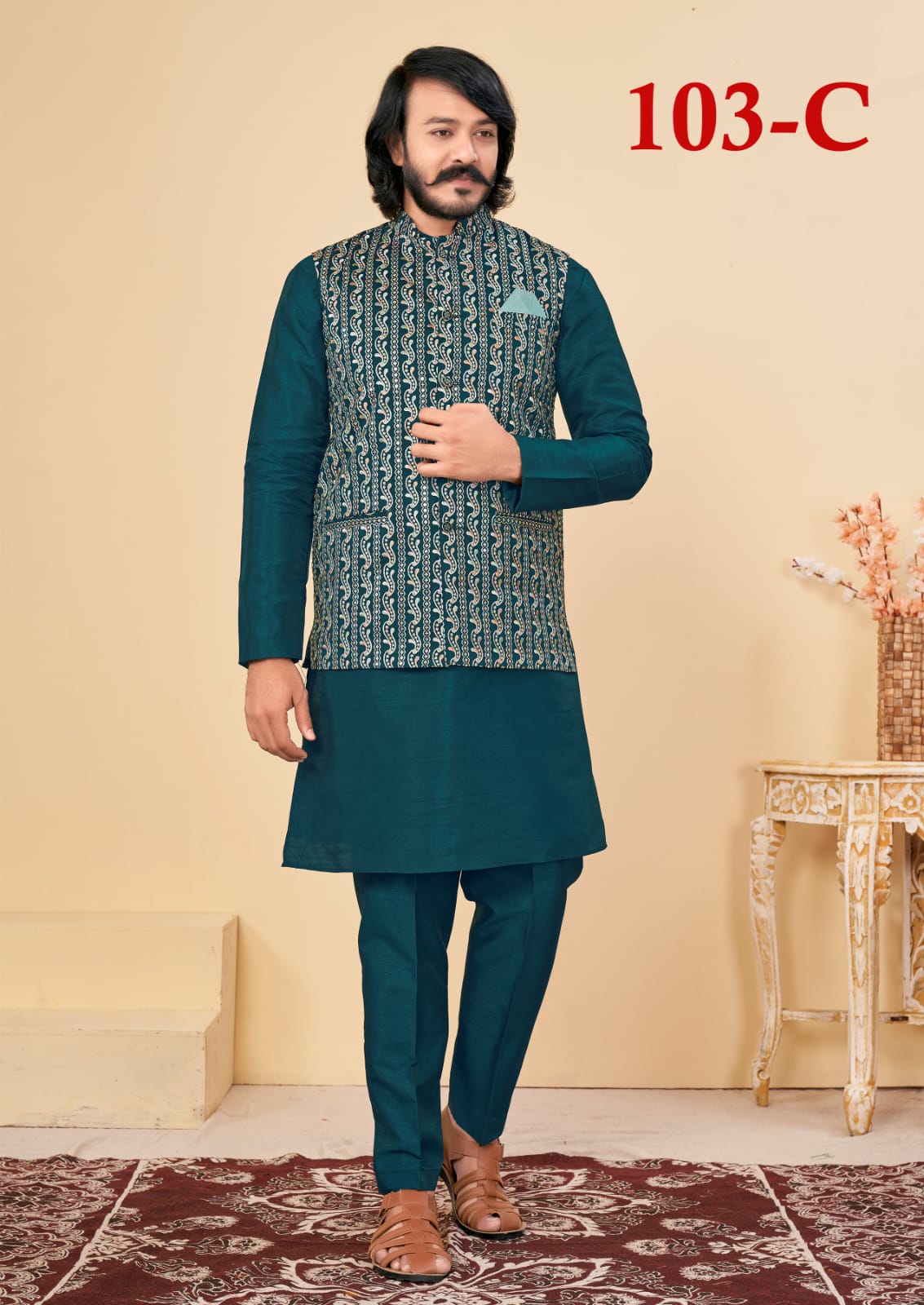 Beautiful Men's Designer Silk Kurta Payjama With Koti Jacket