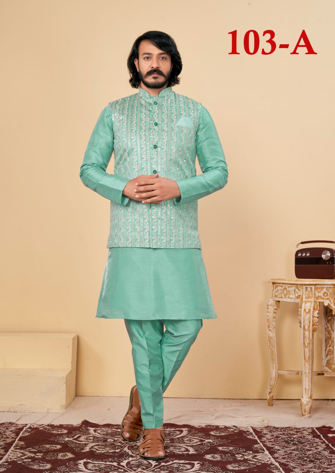 Beautiful Men's Designer Silk Kurta Payjama With Koti Jacket