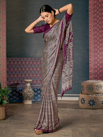 Beautiful Designer Party Wear Ajrakh Print Japan Crape Saree