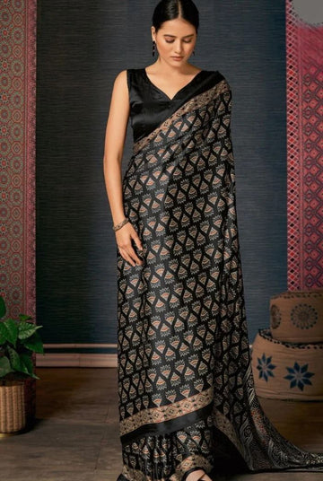 Beautiful Designer Party Wear Ajrakh Print Japan Crape Saree