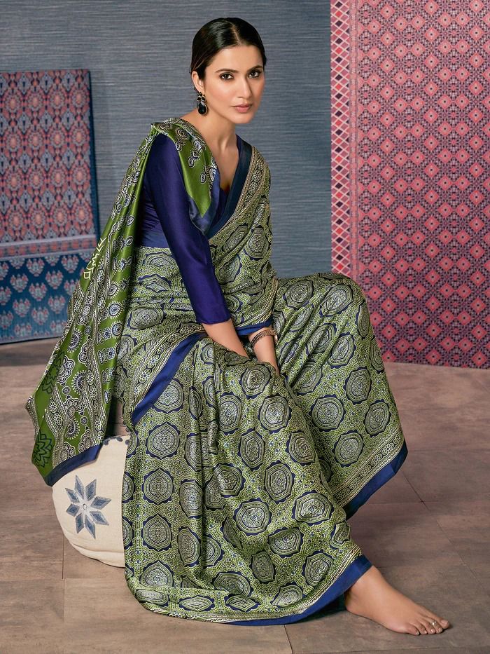 Beautiful Designer Party Wear Ajrakh Print Japan Crape Saree