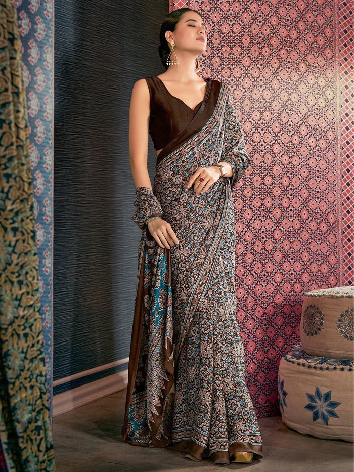 Beautiful Designer Party Wear Ajrakh Print Japan Crape Saree