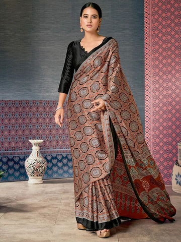 Beautiful Designer Party Wear Ajrakh Print Japan Crape Saree