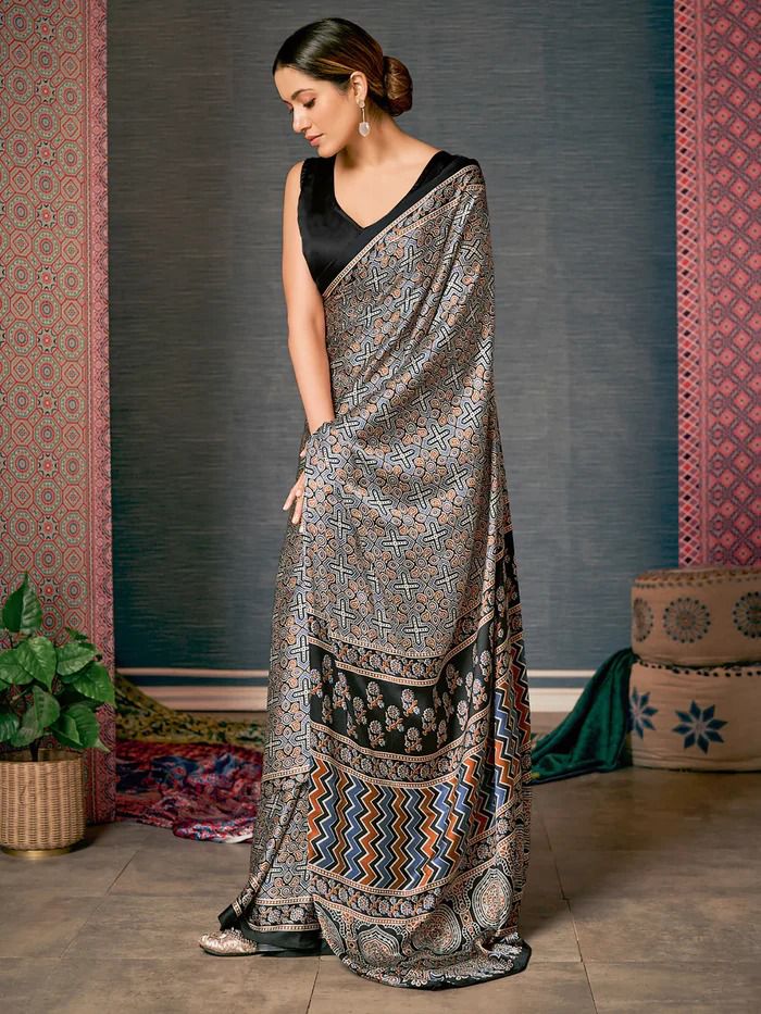 Beautiful Designer Party Wear Ajrakh Print Japan Crape Saree