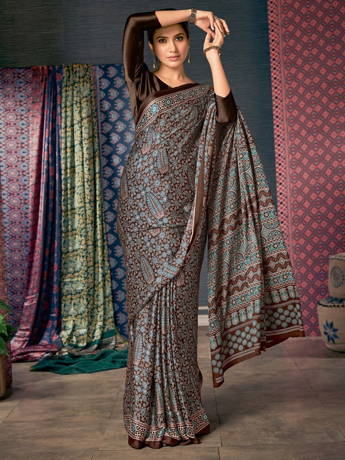 Beautiful Designer Party Wear Ajrakh Print Japan Crape Saree