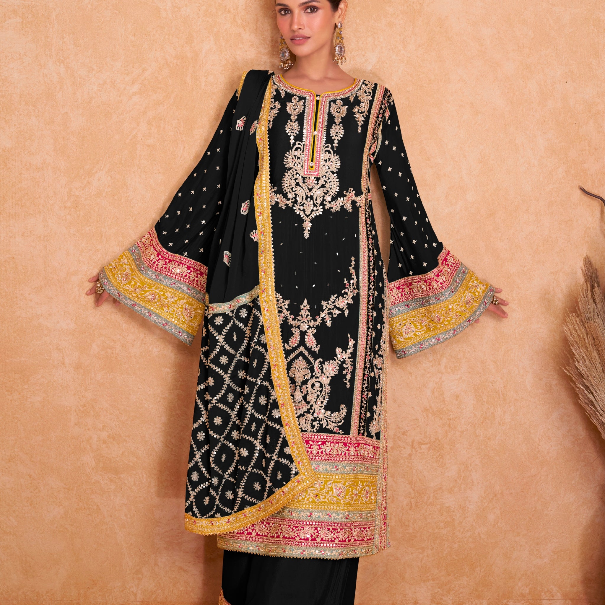 Designer Occasion Wear Latest Premium Real Chinnon Black Salwar Suit