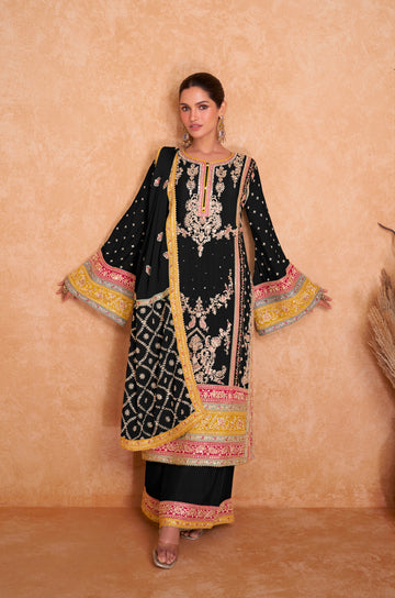 Designer Occasion Wear Latest Premium Real Chinnon Black Salwar Suit