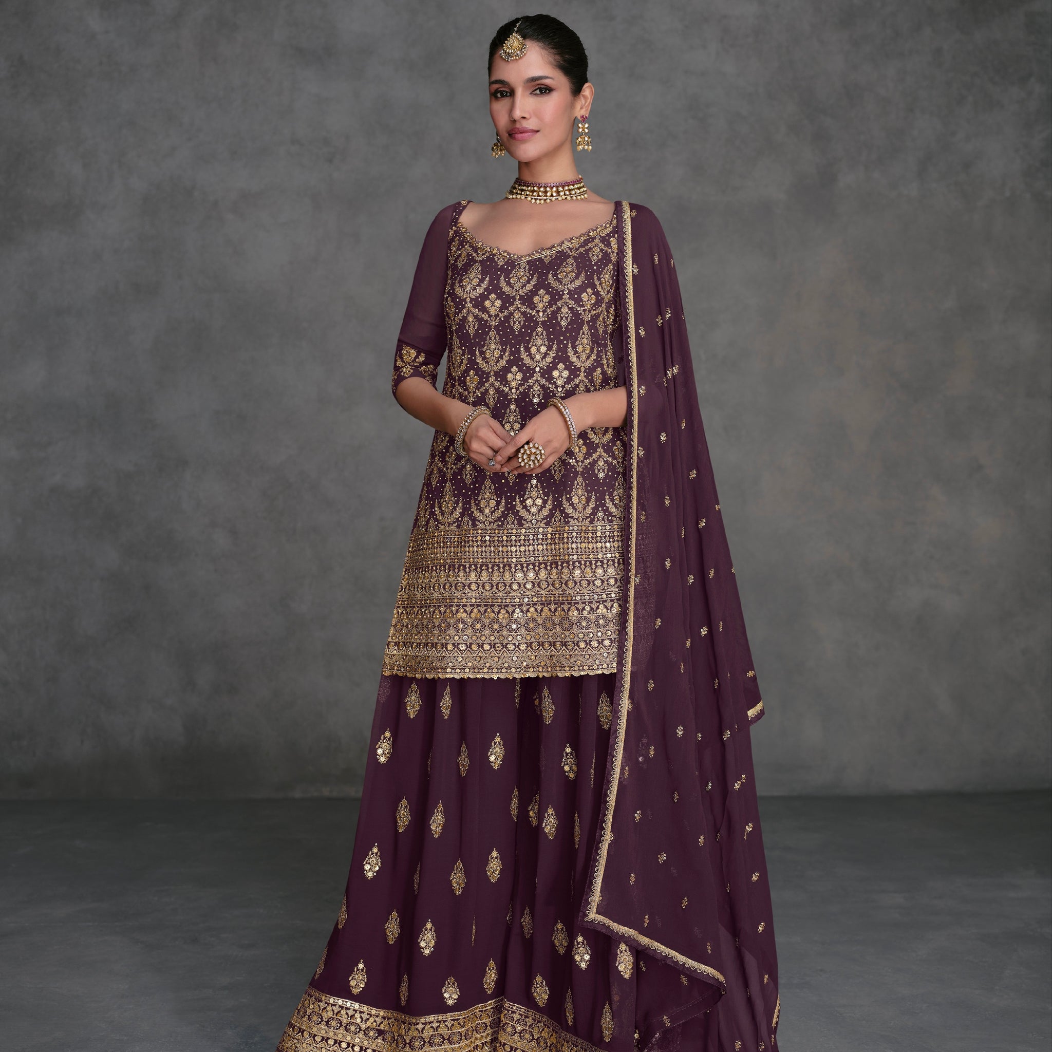 Maroon Georgette Sharara Suit with Embroidery Dupatta