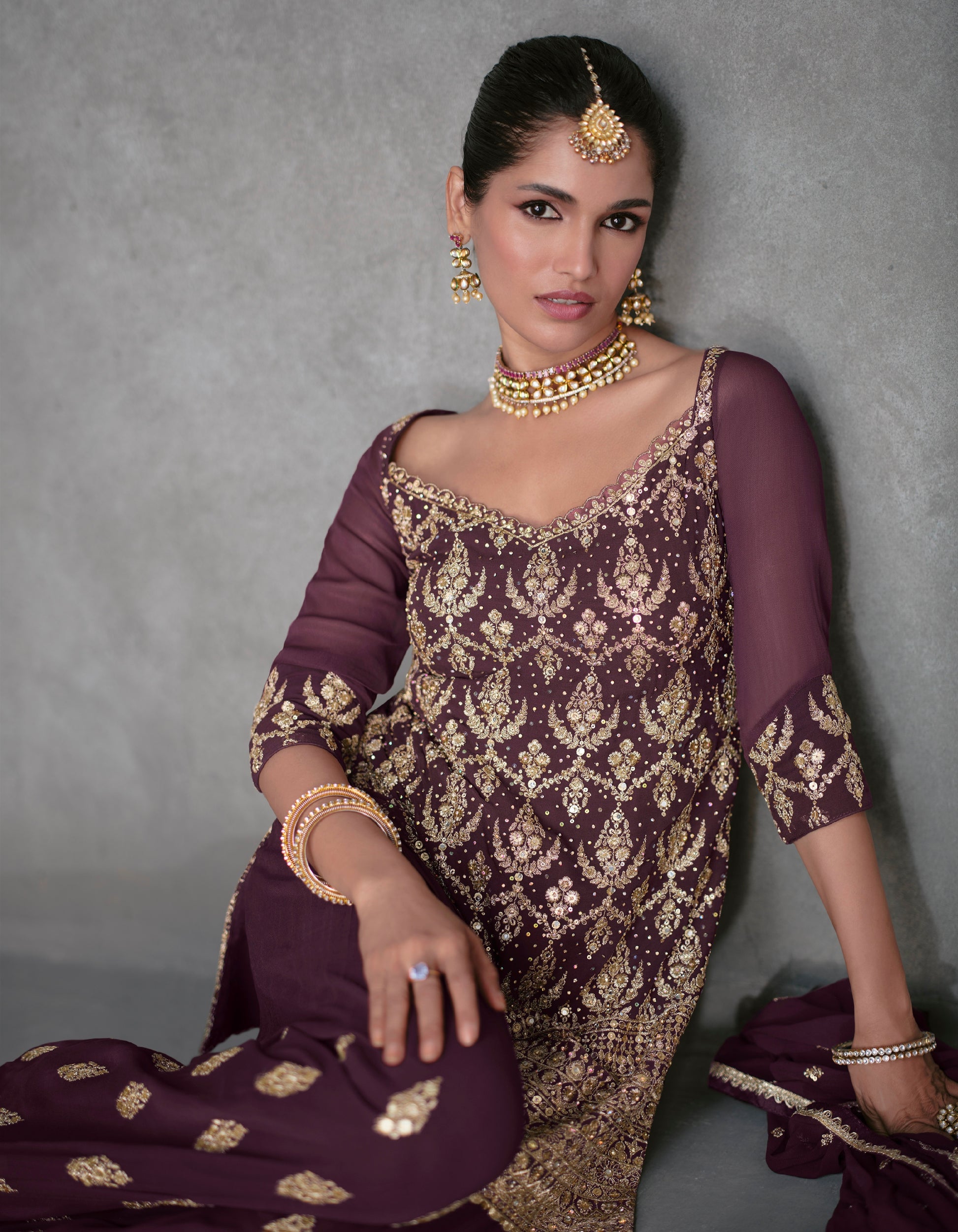 Maroon Georgette Sharara Suit with Embroidery Dupatta