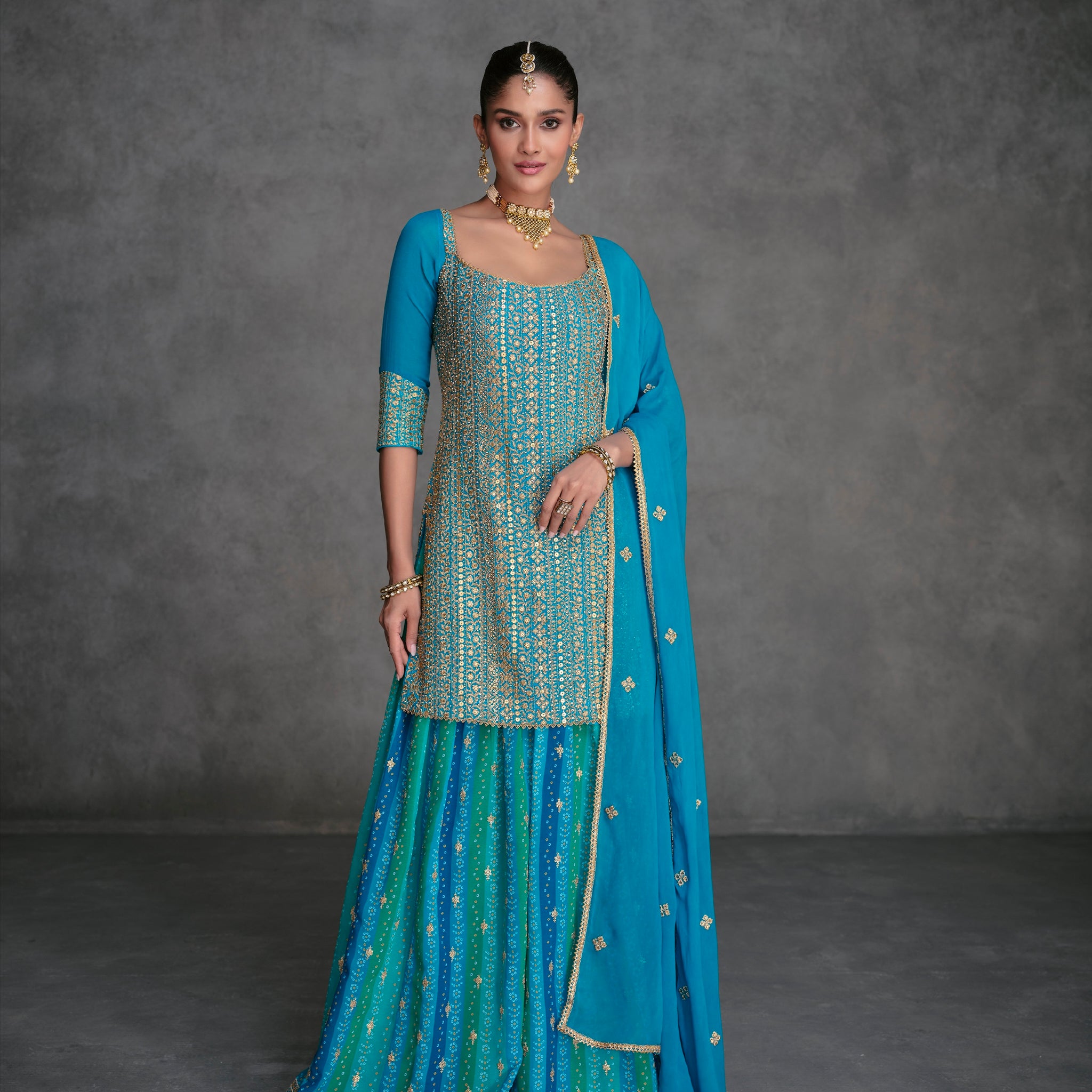 Blue Georgette Sharara Suit with Embroidery Dupatta