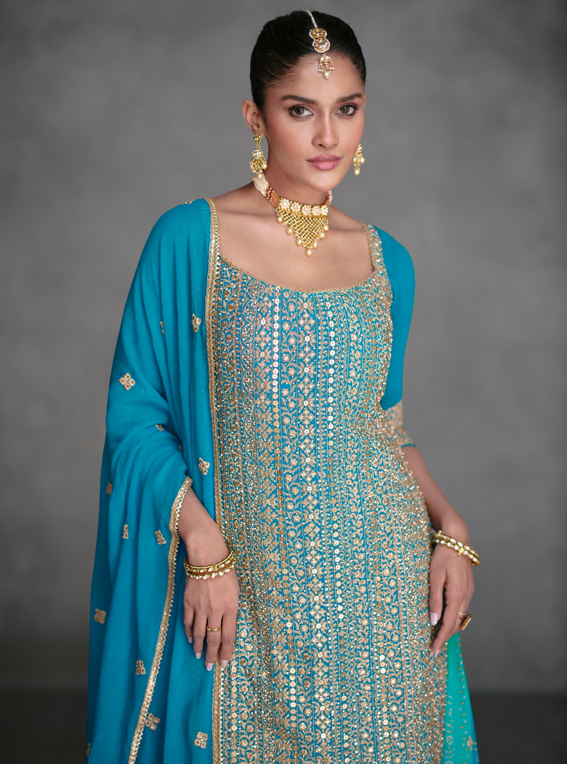 Blue Georgette Sharara Suit with Embroidery Dupatta