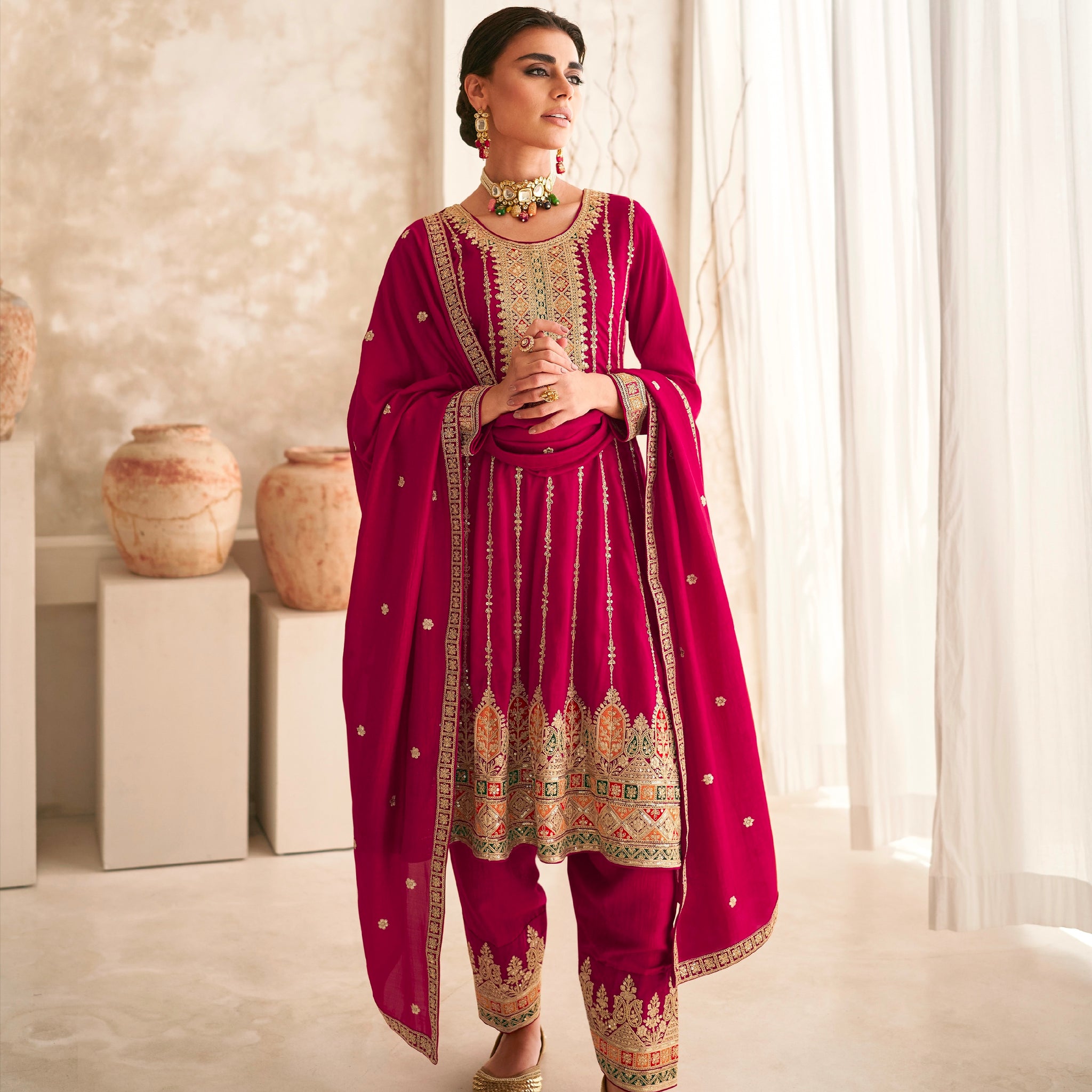 Red Premium Silk Anarkali Suit with Embroidered Dupatta