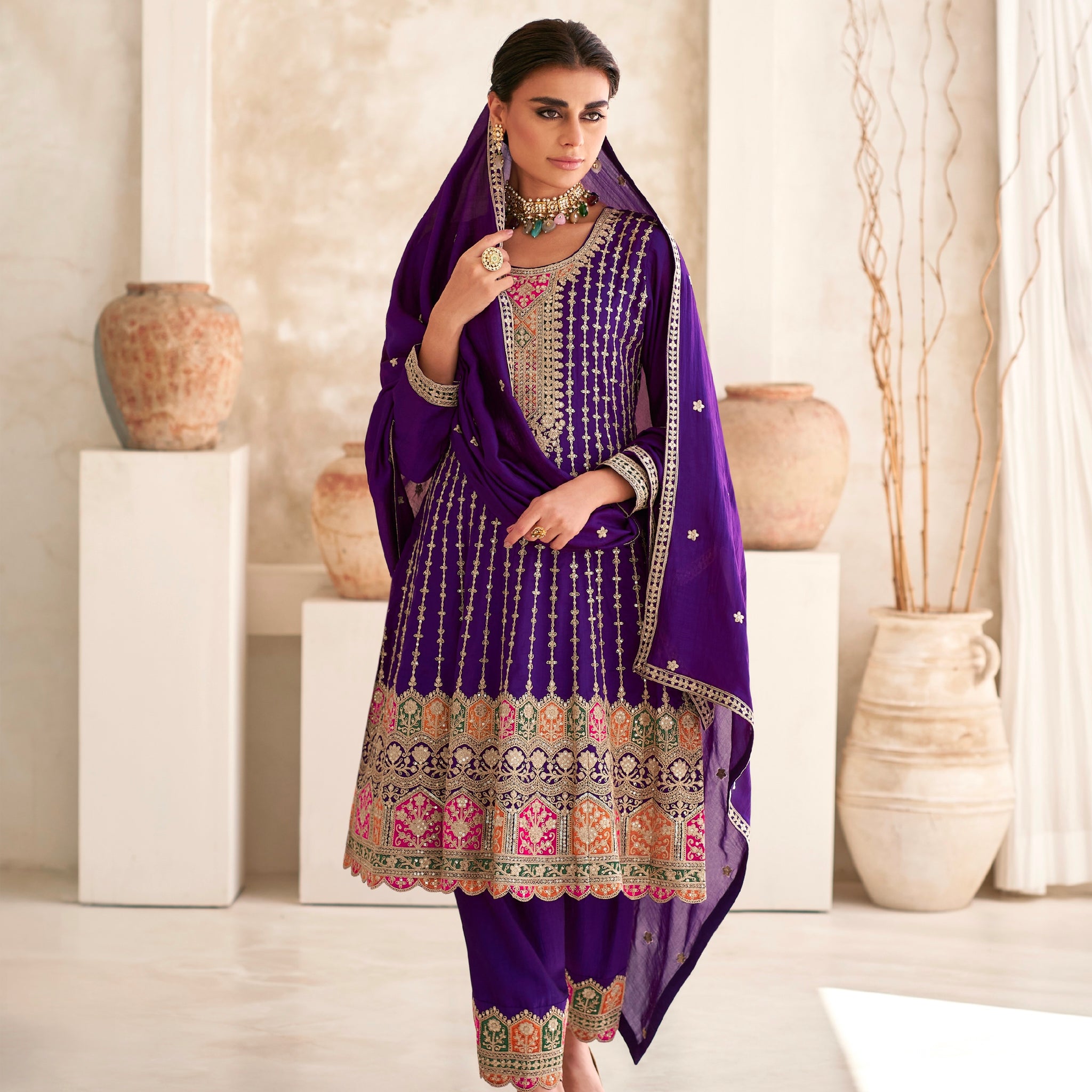 Purple Premium Silk Anarkali Suit with Embroidered Dupatta