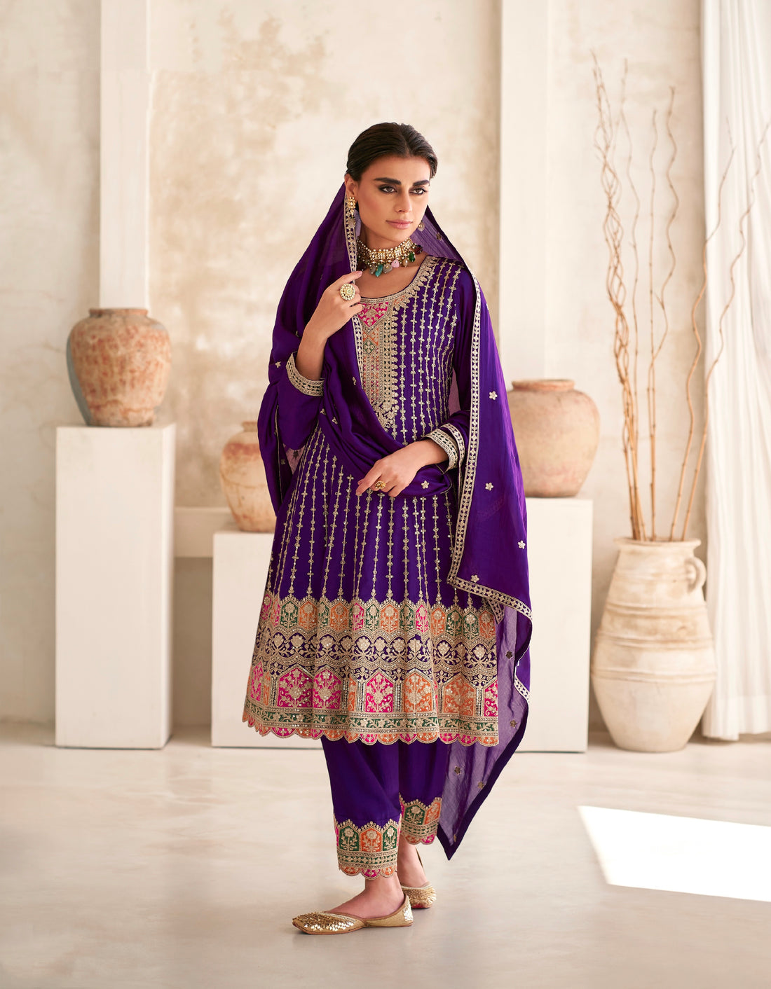 Purple Premium Silk Anarkali Suit with Embroidered Dupatta