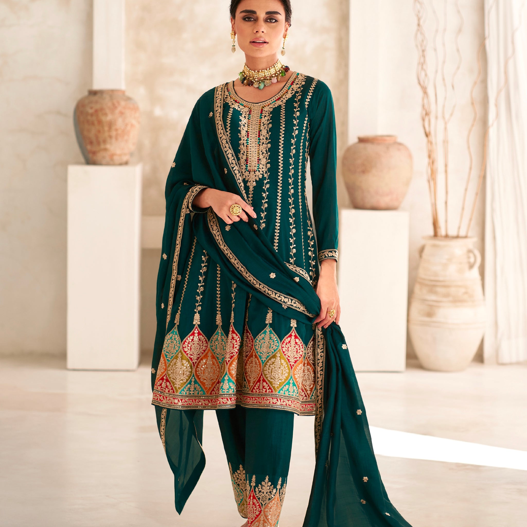 Green Premium Silk Anarkali Suit with Embroidered Dupatta