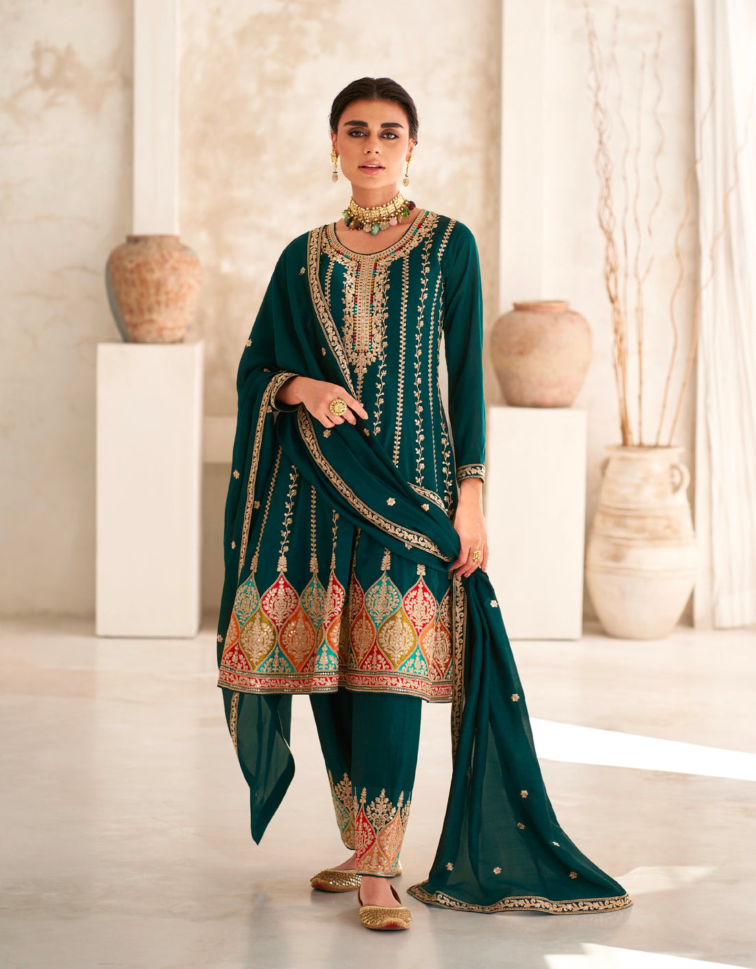 Green Premium Silk Anarkali Suit with Embroidered Dupatta