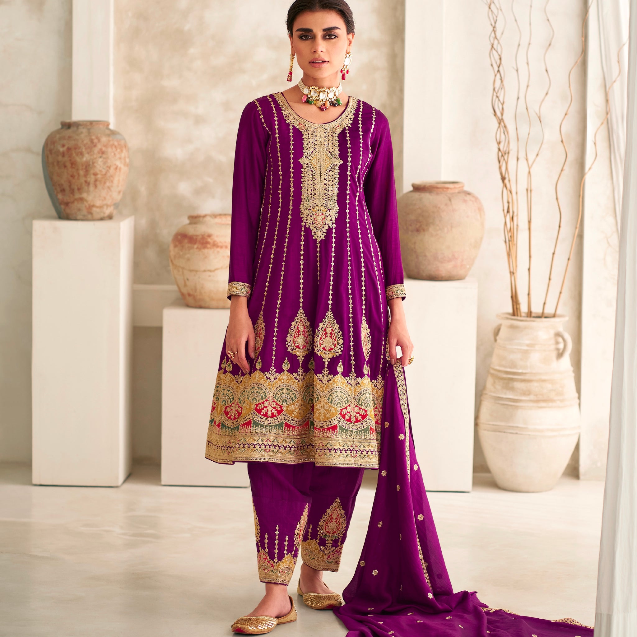 Purple Premium Silk Anarkali Suit with Embroidered Dupatta.