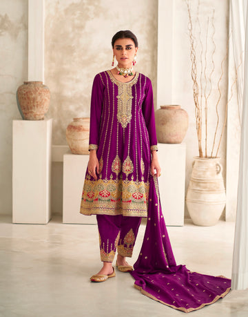 Purple Premium Silk Anarkali Suit with Embroidered Dupatta.