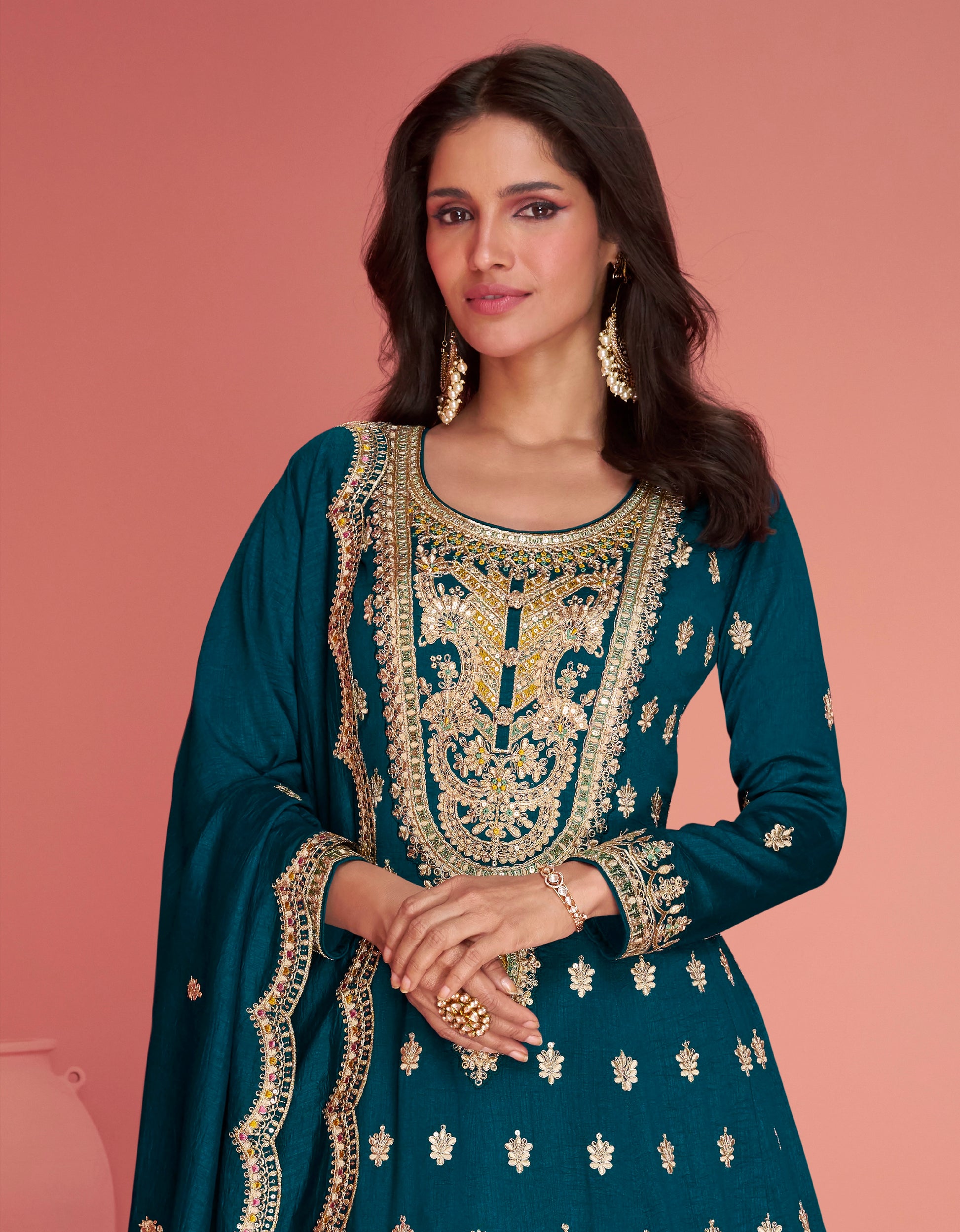 Green Anarkali Suit with Gold Embroidery and Silk Dupatta