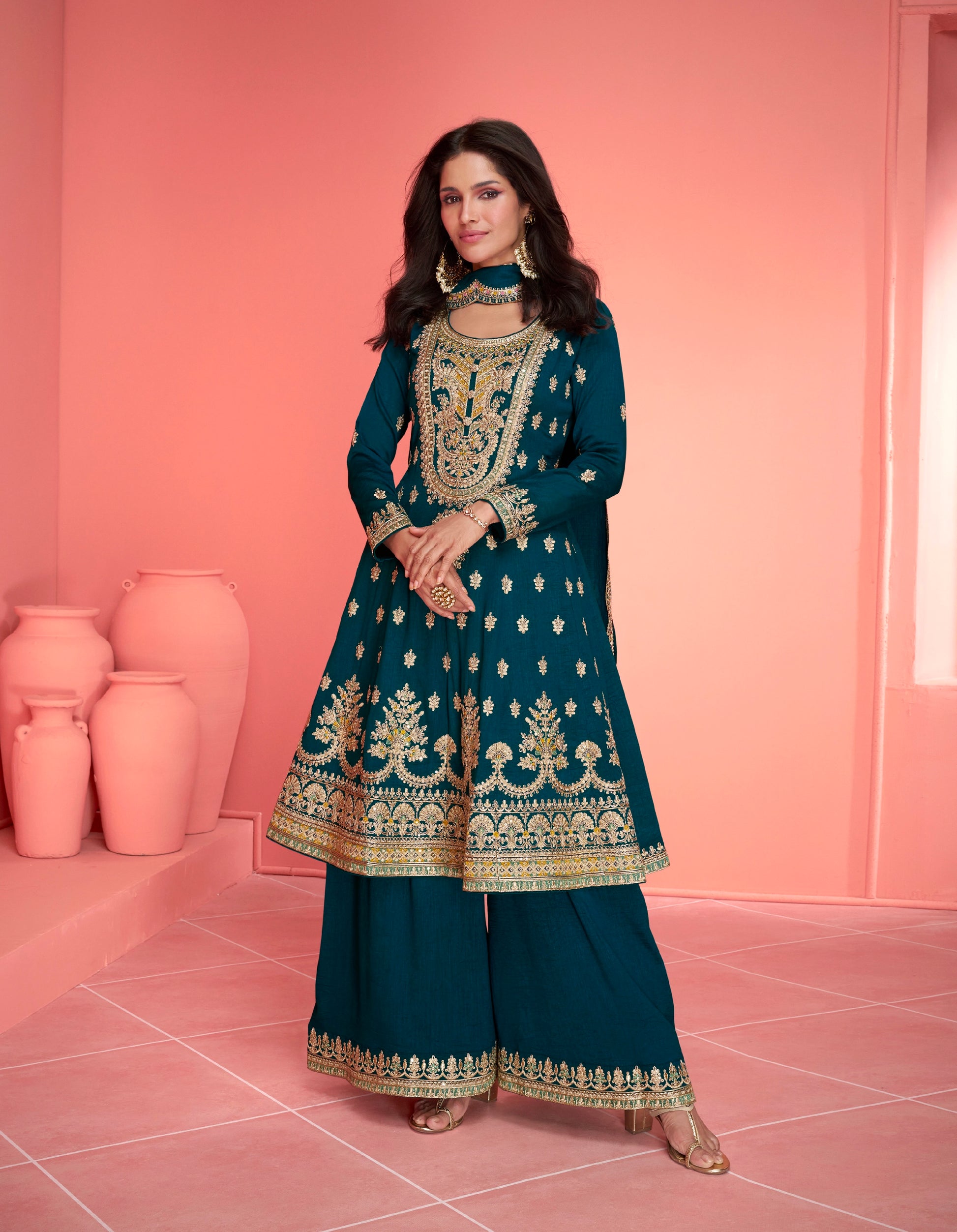 Green Anarkali Suit with Gold Embroidery and Silk Dupatta