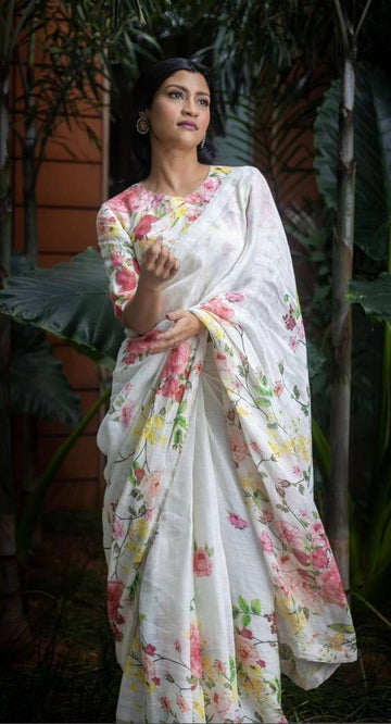 Beautiful Designer Party Wear Plain Linen Saree