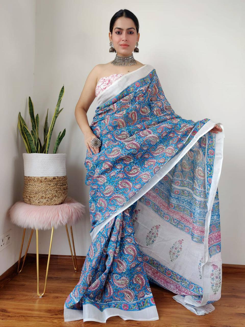 Beautiful Designer Party Wear Plain Linen Saree