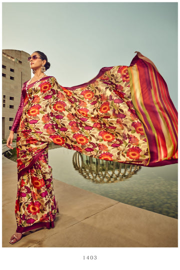 Beautiful Designer Digital Flower Print Satin Silk Saree