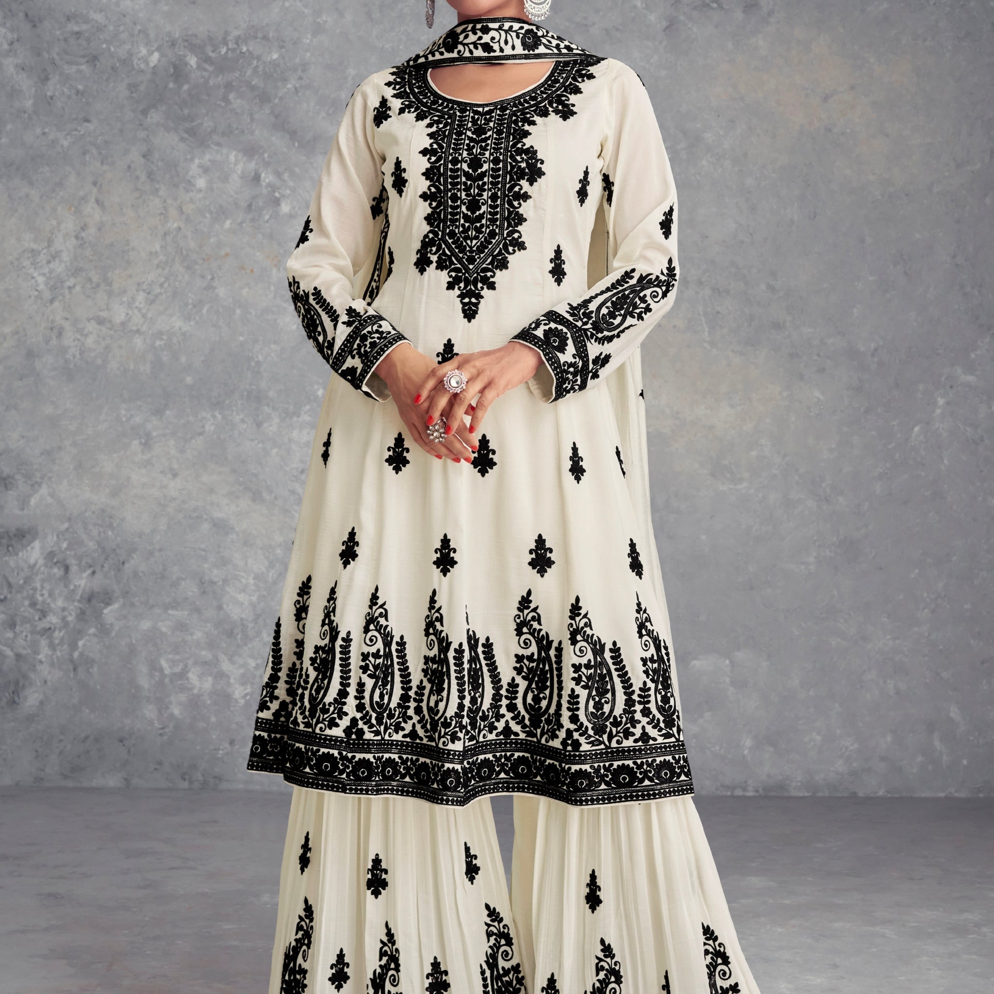 White Real Chinon Palazzo Suit with Dupatta