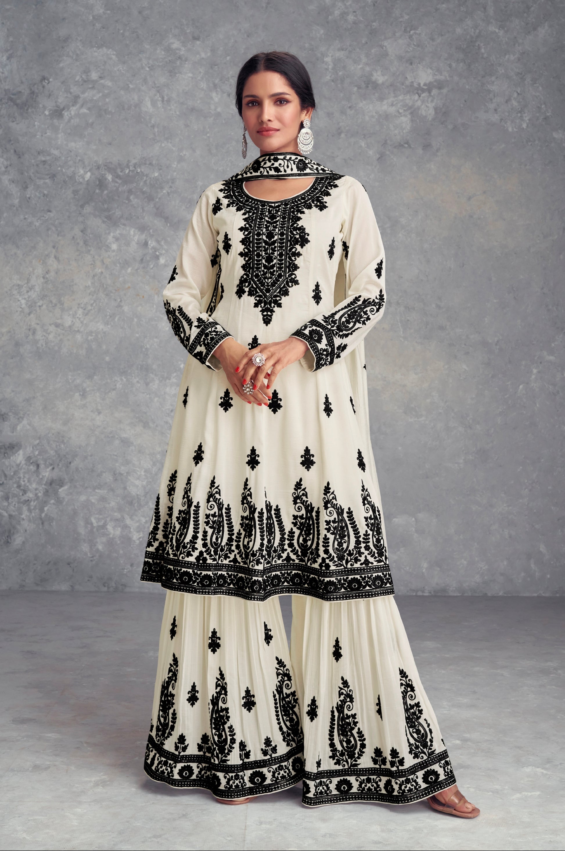 White Real Chinon Palazzo Suit with Dupatta