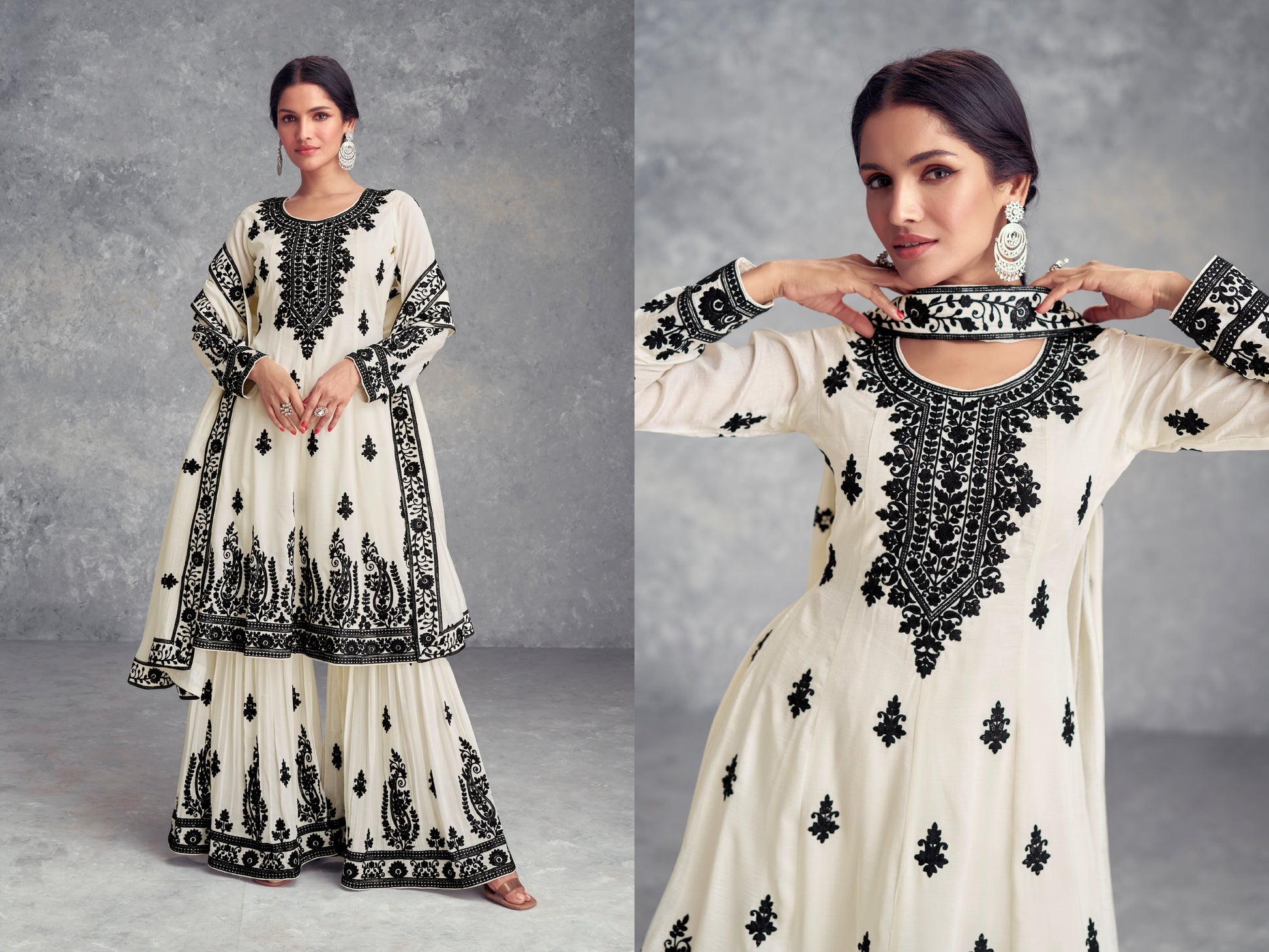 White Real Chinon Palazzo Suit with Dupatta