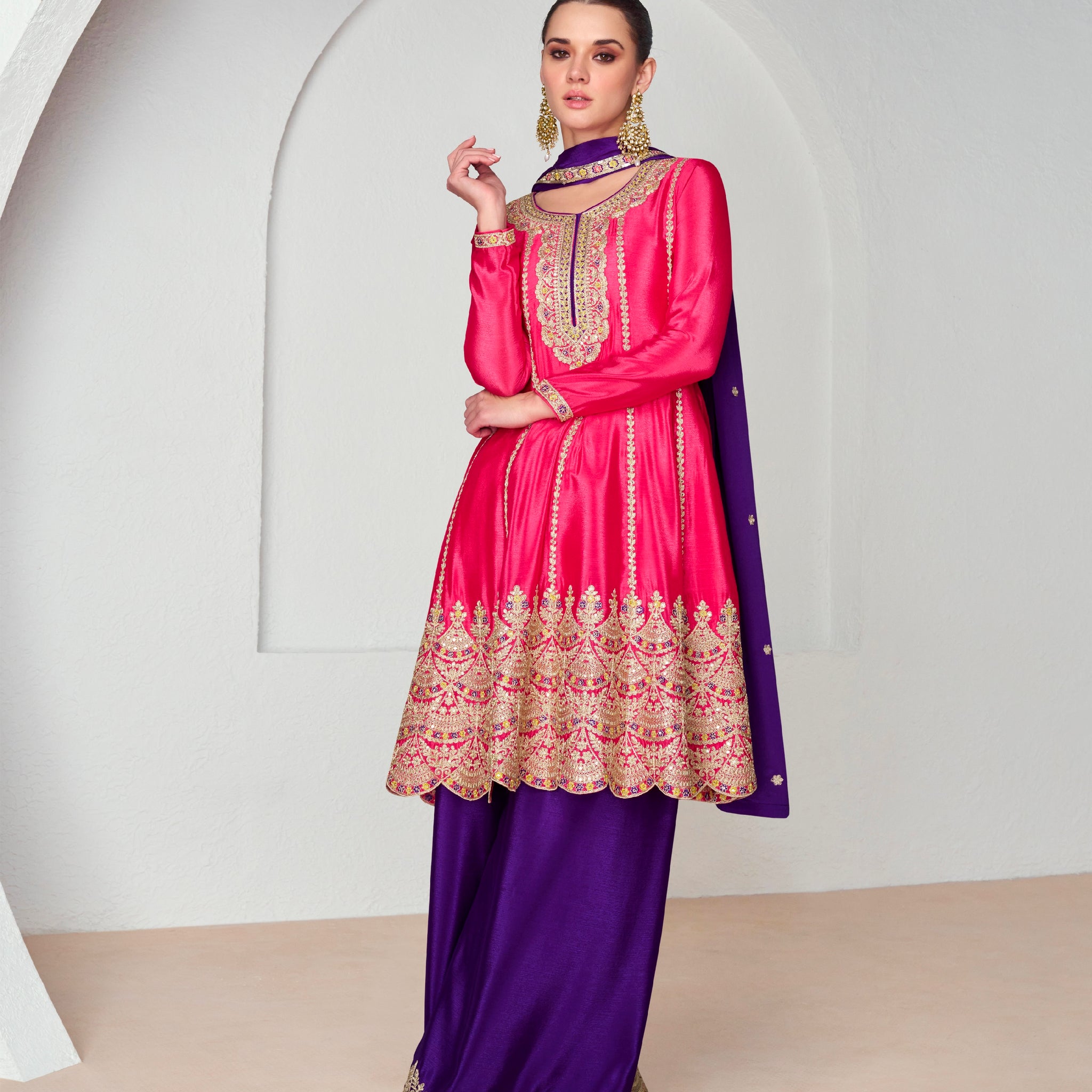 Pink and Purple Chinnon Silk Palazzo Suit with Embroidered Dupatta