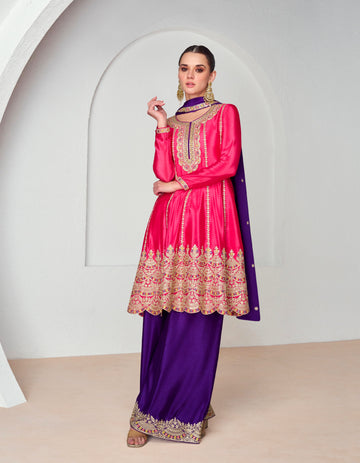 Pink and Purple Chinnon Silk Palazzo Suit with Embroidered Dupatta