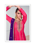 Pink and Purple Chinnon Silk Palazzo Suit with Embroidered Dupatta