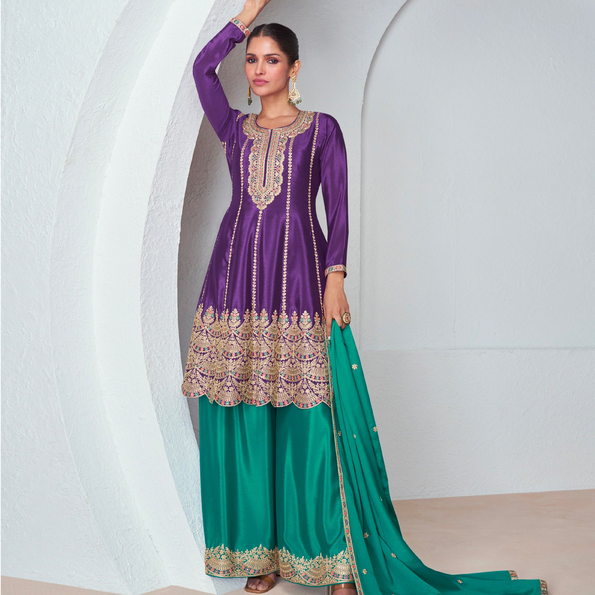 Purple and Teal Chinnon Silk Palazzo Suit with Embroidered Dupatta