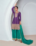 Purple and Teal Chinnon Silk Palazzo Suit with Embroidered Dupatta