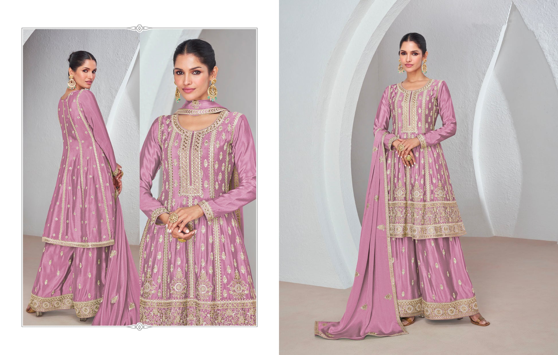 Purple Chinnon Silk Palazzo Suit with Embroidered Dupatta