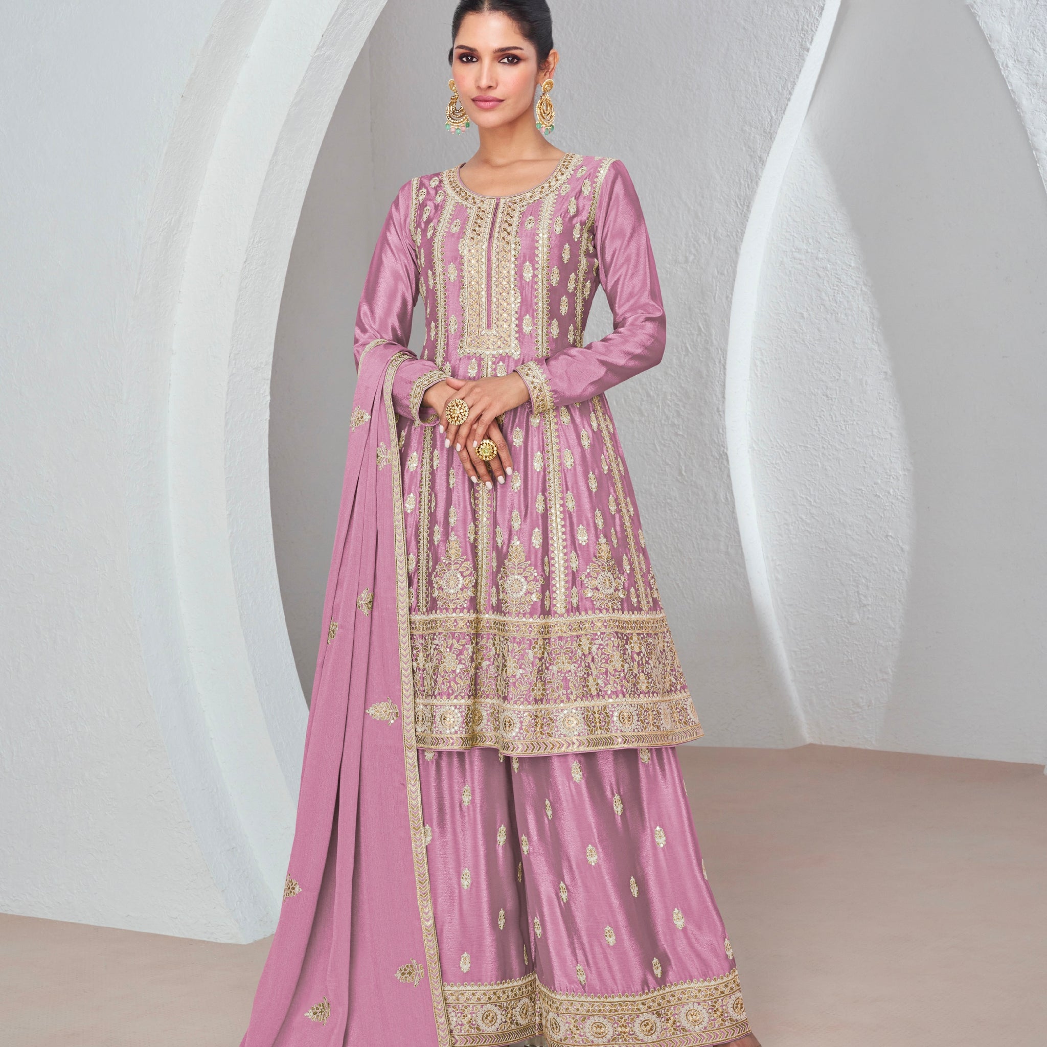 Purple Chinnon Silk Palazzo Suit with Embroidered Dupatta