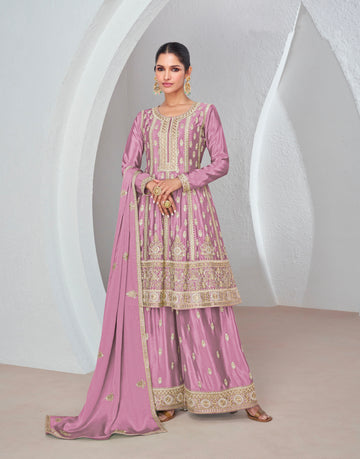 Purple Chinnon Silk Palazzo Suit with Embroidered Dupatta