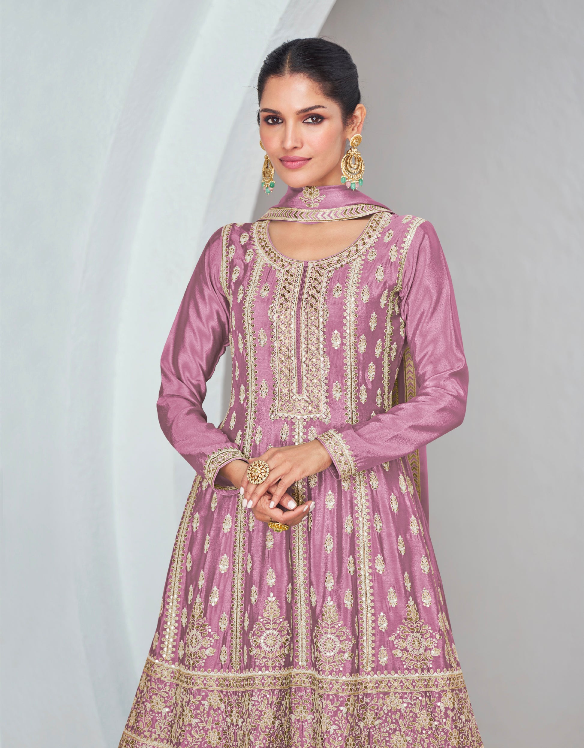 Purple Chinnon Silk Palazzo Suit with Embroidered Dupatta