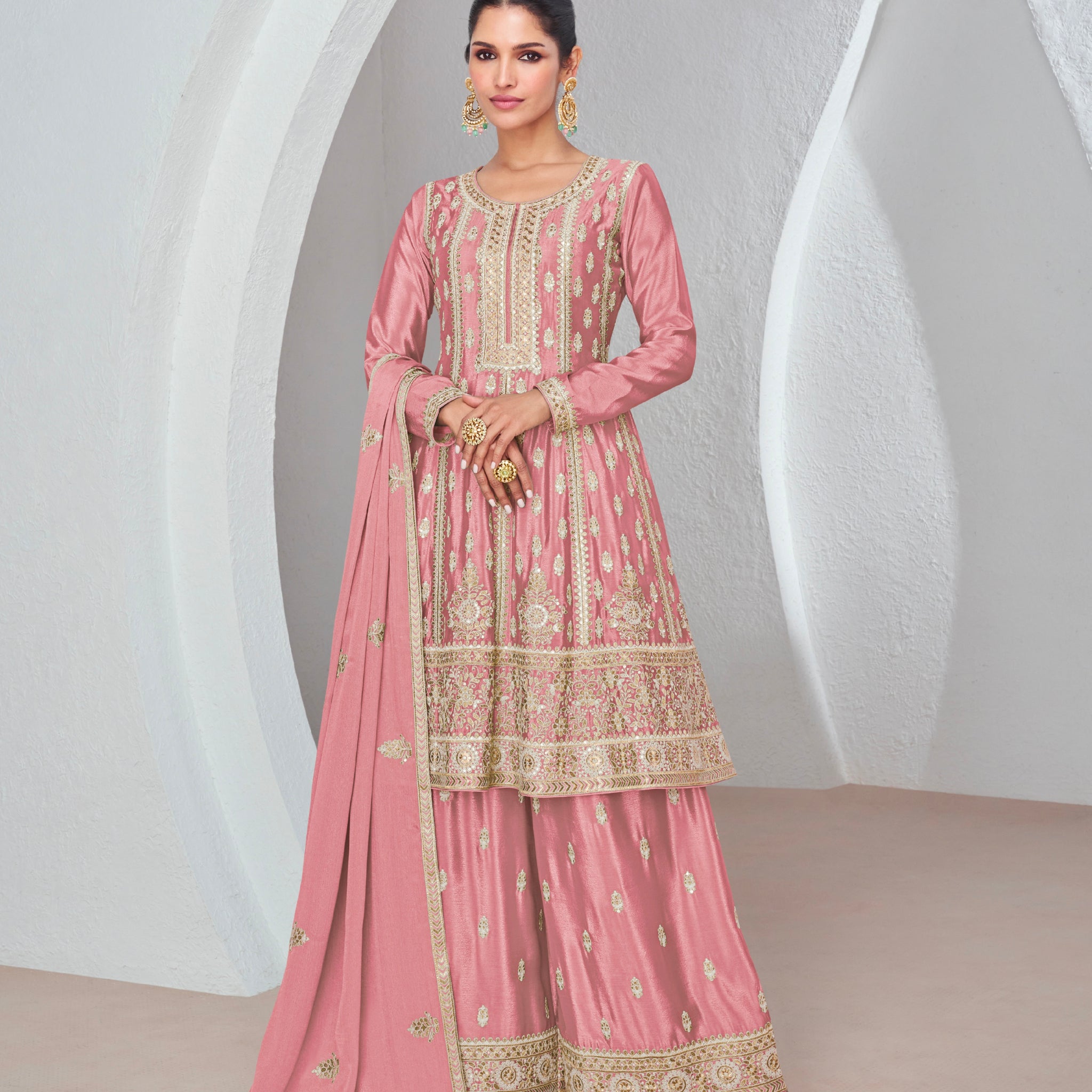 Pink Chinnon Silk Palazzo Suit with Embroidered Dupatta