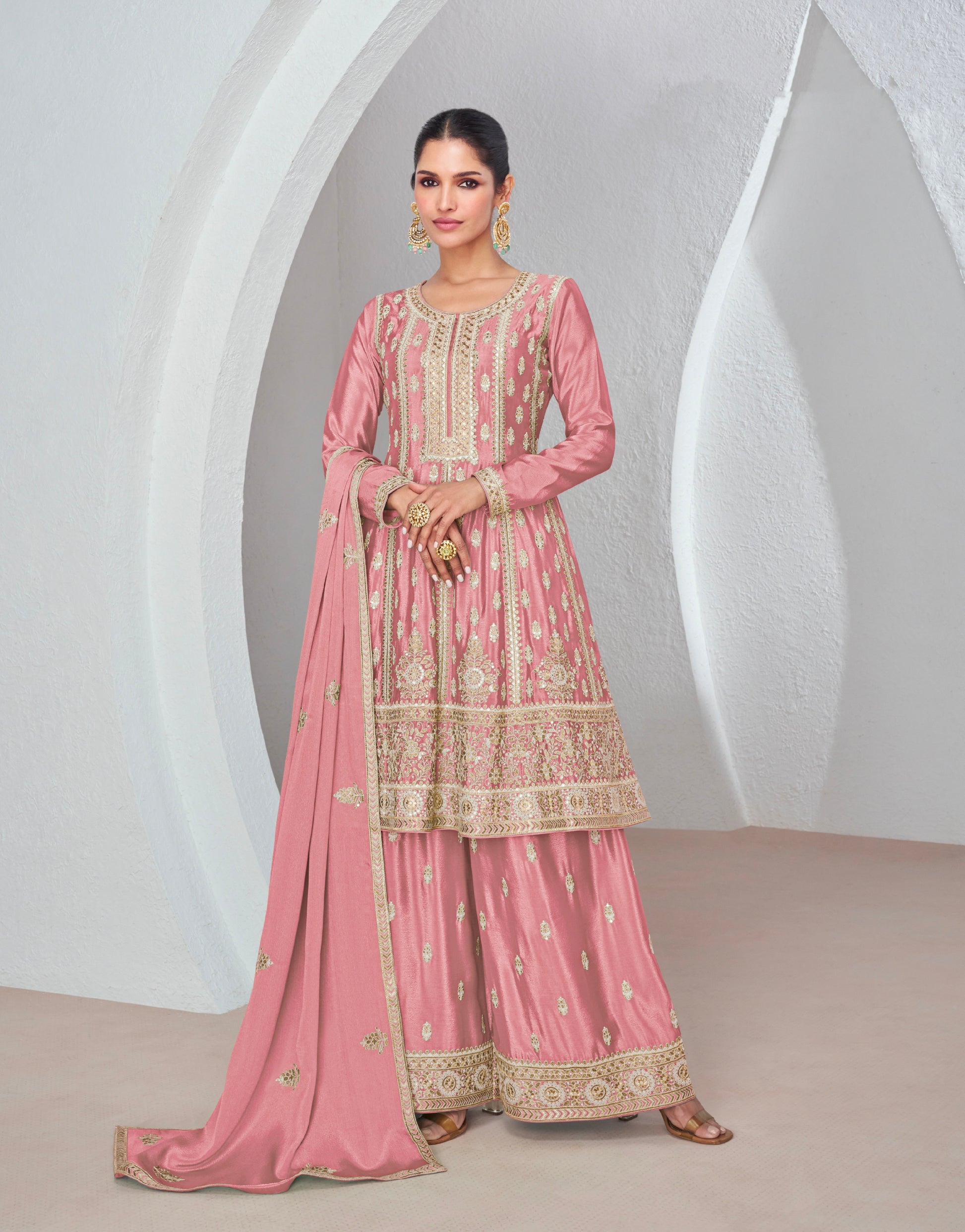 Pink Chinnon Silk Palazzo Suit with Embroidered Dupatta