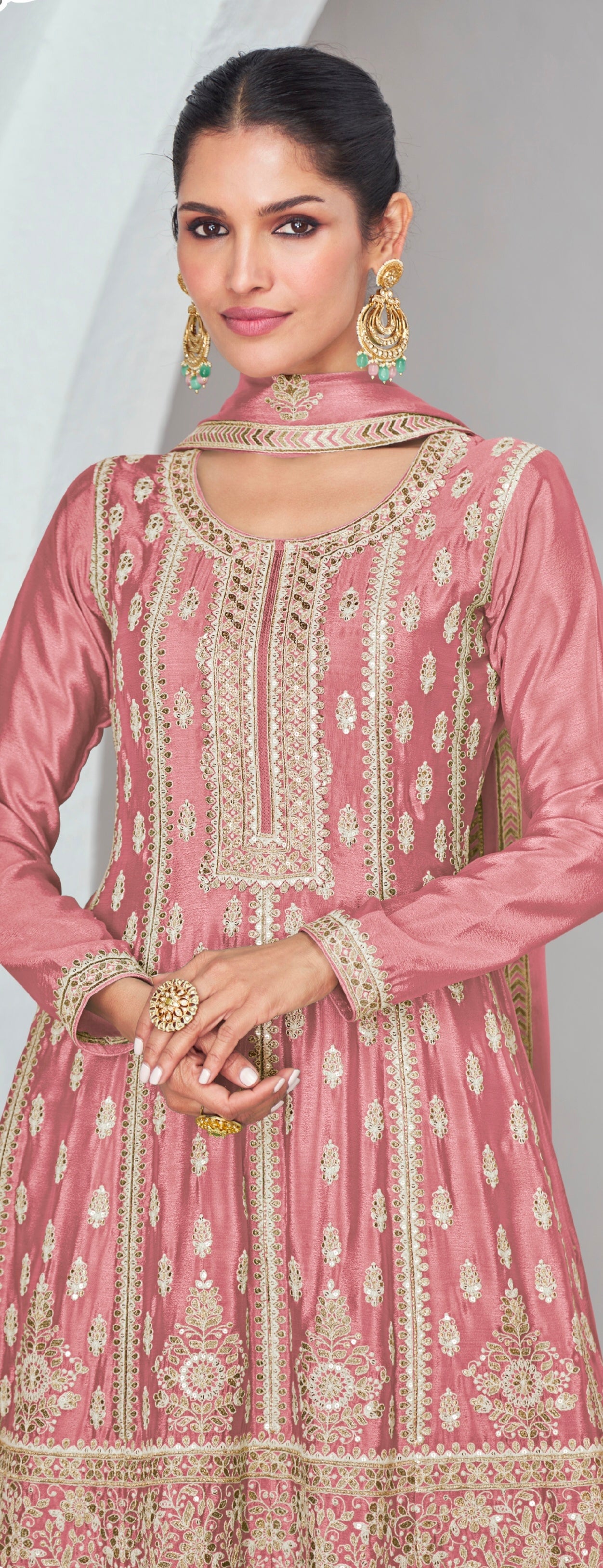 Pink Chinnon Silk Palazzo Suit with Embroidered Dupatta