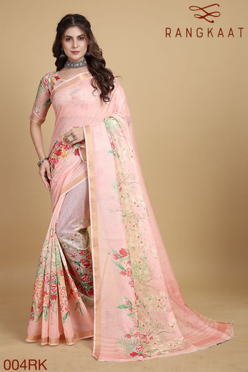 Beautiful Designer Soft Linen Cotton with Designer Floral Print Saree